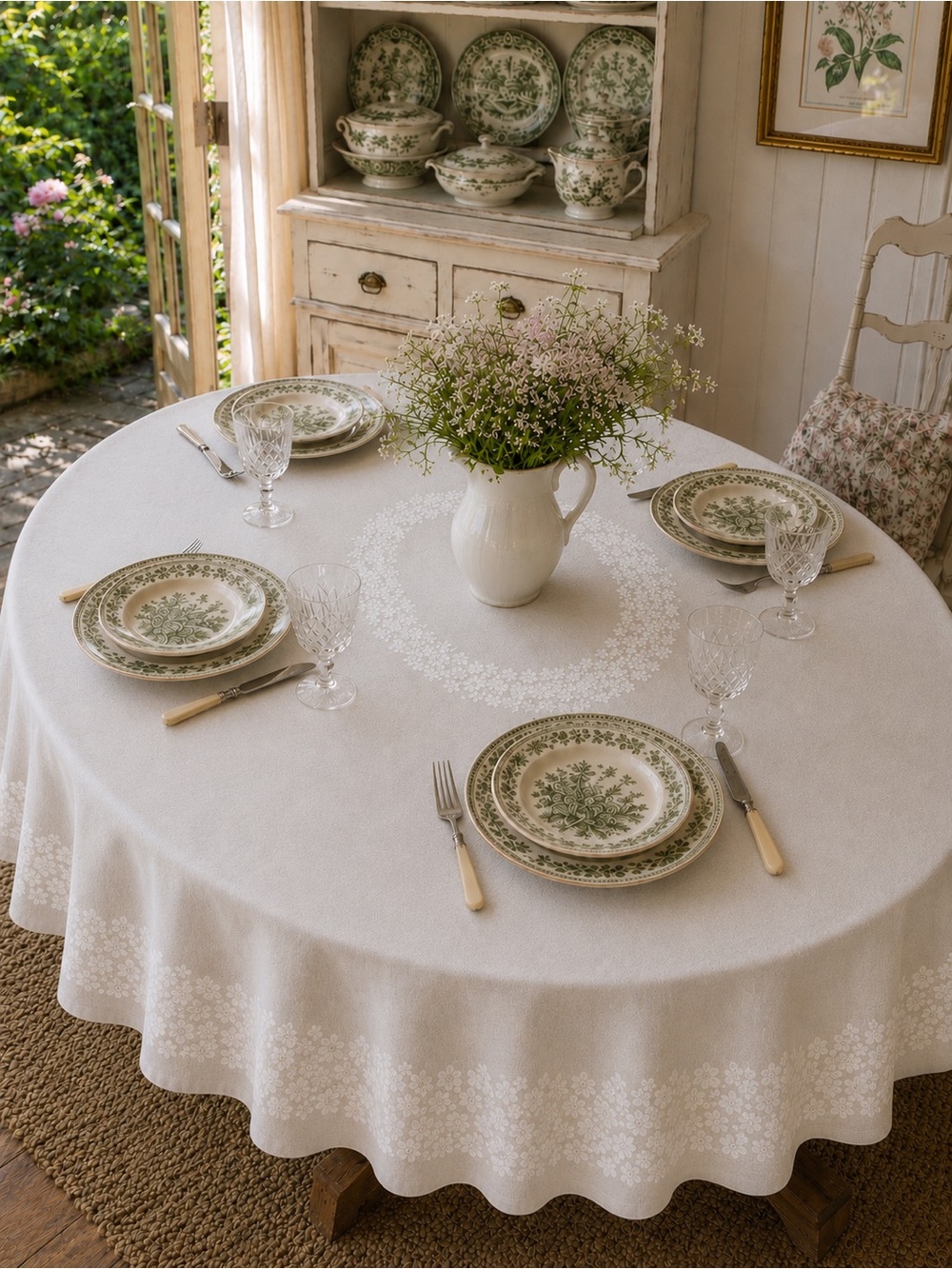 100% Irish Linen Oval Tablecloth Made in Ireland White Shamrock Damask 84x67